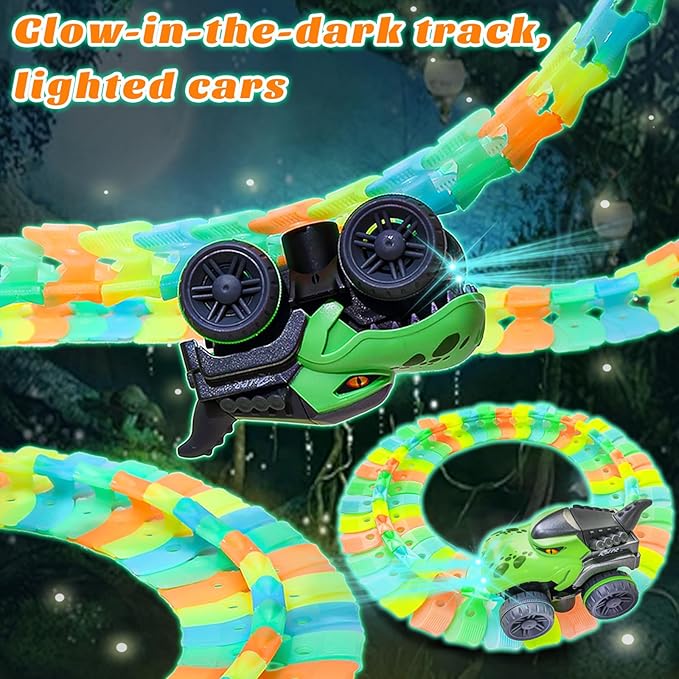 APEO Dinosaur Train Set for Kids Ages 4-8 Dinosaur Toys for Kids 3-5 Race Tracks for Kids Ages 3-5 Contains Glow Race Tracks and LED Toy Cars Car Tracks Gifts for 4 Year Old Boys