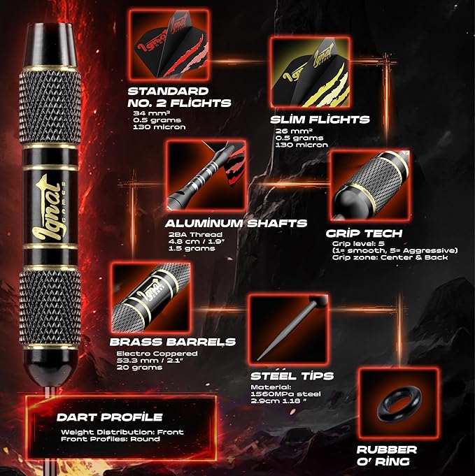 IgnatGames Steel Tip Darts Set - 3/6/12 Pack Brass Darts Metal Tip Set with Exquisite Case - Aluminum Shafts, 2 Sets of Flights, Dart Tool & Sharpener