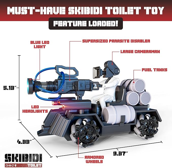 Force1 Officially Licensed Skibidi Toilet Toy Cameraman Figure PDLT Tank RC Truck- Parasite Disabler Tank Remote Control Car, Rechargeable RC Car with LED Lights, 2.4 GHz, Mist Spray, Beginner RC Cars