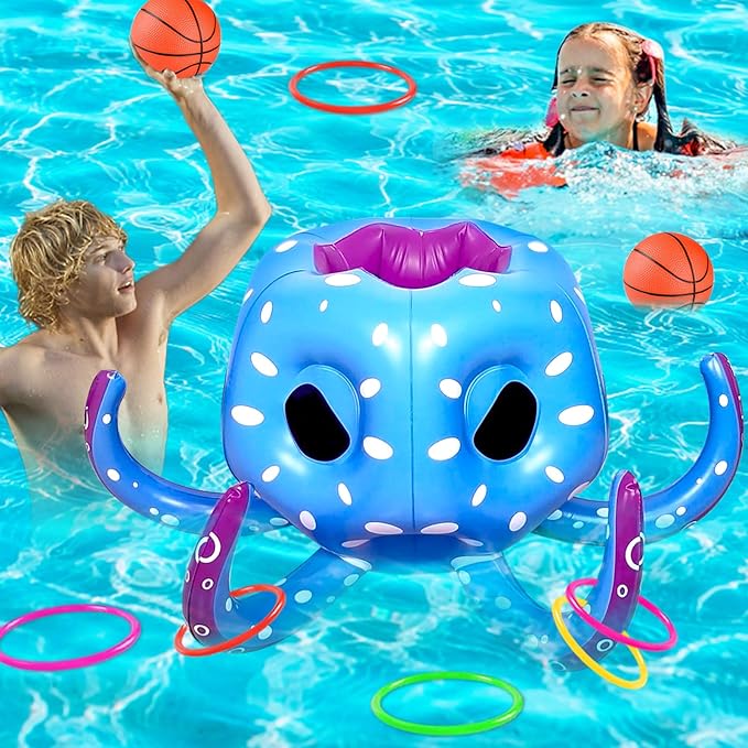 Octopus Pool Toys for Kids Ages 4-8, 2-in-1 Inflatable Float Water Games Toys with Basketball Hoop & Ring Toss, Outdoor Backyard Beach Swim Play, Cool Summer Family Party Supplies Gift Boys Girls
