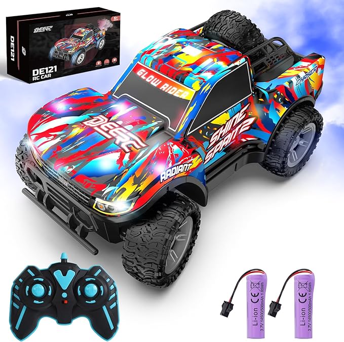 DEERC Remote Control Car for Boys & Girls Ages 4-8, Spray RC Truck with Music & Colorful LED Lights, 2.4GHz All-Terrain Drift Vehicle, 2 Rechargeable Batteries, 40 Mins Playtime, Birthday Toy for Kids