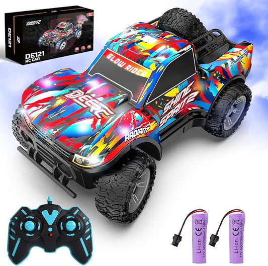 DEERC Remote Control Car for Boys & Girls Ages 4-8, Spray RC Truck with Music & Colorful LED Lights, 2.4GHz All-Terrain Drift Vehicle, 2 Rechargeable Batteries, 40 Mins Playtime, Birthday Toy for Kids