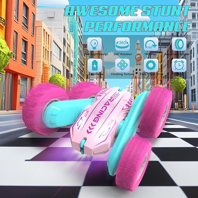 Remote Control Car for Girls, RC Car for Girls, 360° Stunt Rotating Double-Sided Race Remote Cars with Headlights, Fun Toys Christmas Birthday Gifts for 4-7 8-12 Years Old Boys Girls