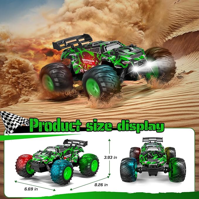 Remote Control Car, 1:18, All-Terrain Remote Control Truck with Headlight and Bodylight, 2WD, 20KM/H, PVC Shell, 2.4GHz, Rechargeable, Sturdy, Two Speed Control, Rc Cars for Kids, Green