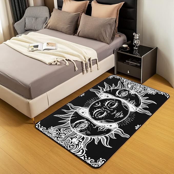 Erosebridal Sun and Moon Area Rug 5x6'6'' Boho Exotic Style Rugs for Adult Women Teens Black White Bohemian Mandala Decor Down, Bohemian Botanical Floral Non Slip Decorative Rug