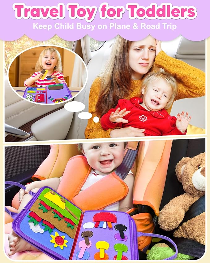 Exorany Busy Board Montessori Toys for Toddler Boy Girl Birthday Gifts, Busy Book Sensory Learning Toys for Toddlers, Toddler Airplane Car Travel Toy Educational Activities