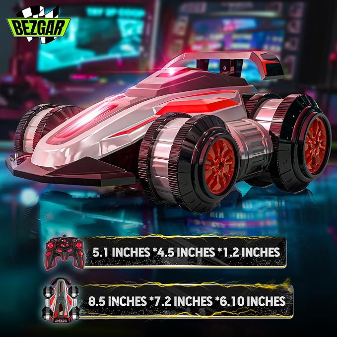 BEZGAR Upgraded Remote Control Cars for Boys Age 4-7 - 360 Spin Rotating Fast RC Toy, 4WD Upright Walking Rc Stunt Car with LED Lights Music, 2.4Ghz Indoor/Outdoor All Terrain Rechargeable Cars(Red)