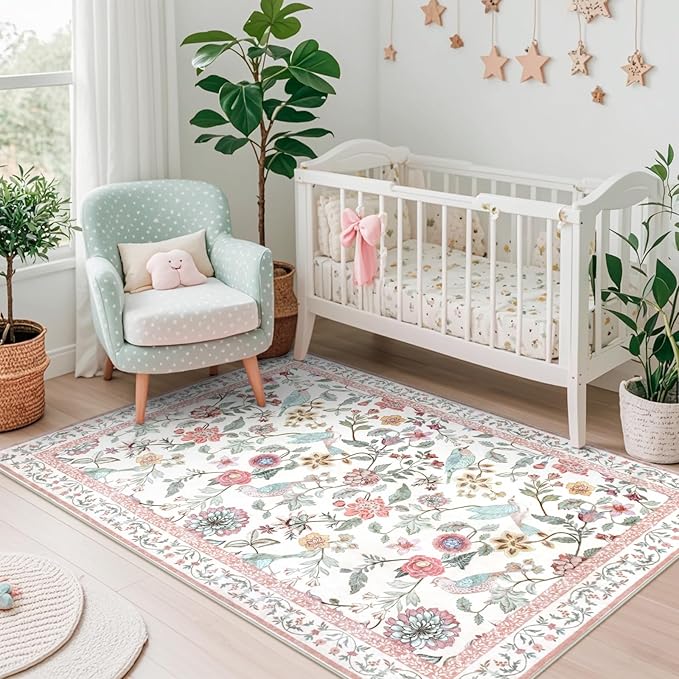 Washable Floral Area Rug, 3x5 Pink Indoor Entryway Rug Soft Non-Slip Botanical Kitchen Rugs, Ultra Thin Modern Flower Birds Throw Carpet for Living Room Bedroom Nursery Foyer