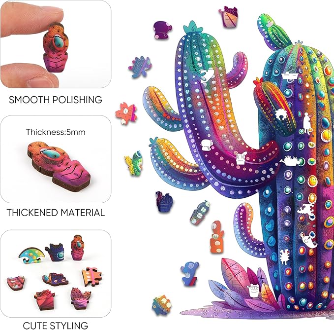 Wooden Jigsaw Puzzles - Cactus Succulent Plants, 200 Piece Luxurious Shaped Wooden Puzzles for Adults and Kids, Family Game, Medium 11.2 * 11.2in