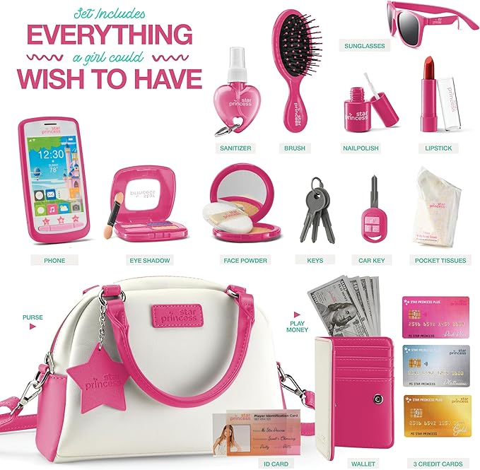 Play Purse for Little Girls and Toddlers - Girls Toys Pretend Play Accessories: Toy Phone, Wallet, Credit Cards, Keys, Pretend Makeup for Role Playing Toys for Girls Ages 3 4 5 6 7 8 Years and Up