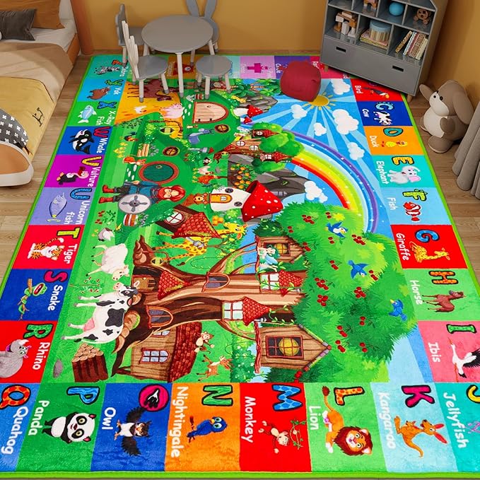 ABC Kids Rug for Playroom 78.7"×59" Hobbit House Educational Kids Playmat Alphabet Animal & Shape Learning, Premium Non-Slip Playmat for Toddlers Letters Farm Animals Color Foam Classroom Carpet