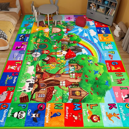 ABC Kids Rug for Playroom 78.7"×59" Hobbit House Educational Kids Playmat Alphabet Animal & Shape Learning, Premium Non-Slip Playmat for Toddlers Letters Farm Animals Color Foam Classroom Carpet