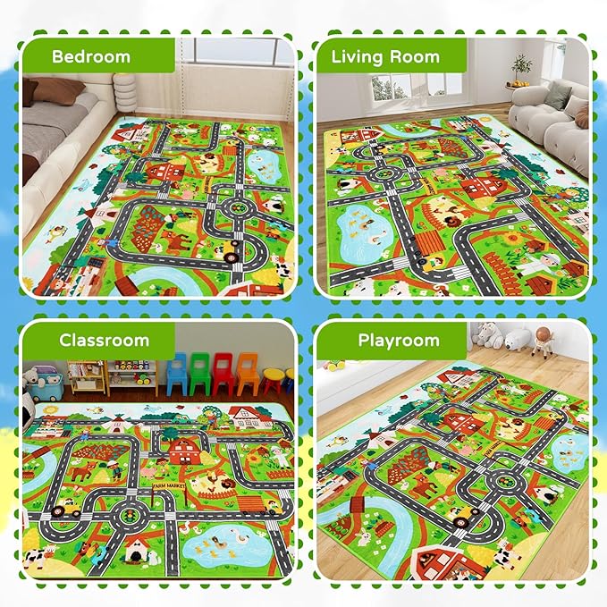 Kids Rug Play Mat for Toy Cars, 59"×78.7" Farm Life Road Traffic for Playroom Kids Car Road Rugs Village Map Play Mat Non-Slip Washable Play Rug for Toddler Room Family Tummy Time Playtime