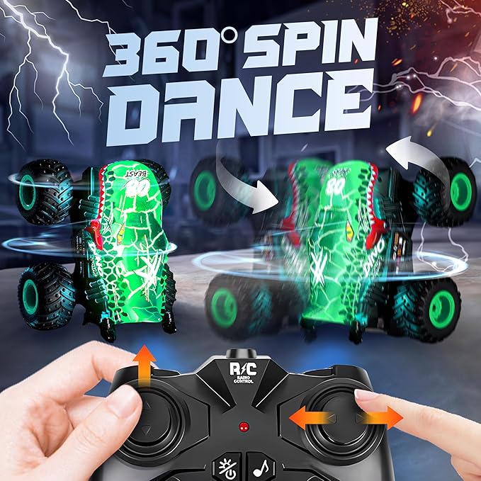 BEZGAR Monster Truck Toys - Remote Control Monster Truck with Light & Music, Dinosaur Toys for Kids, 1:20 Scale RC Truck with 360° Spins and Drifting, Remote Control Car for Boys 4-7