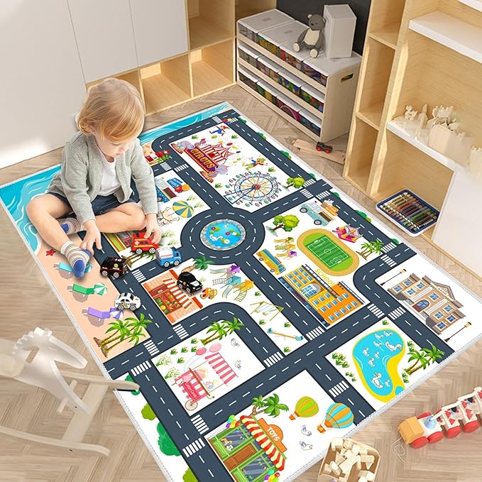 Kids Carpet Playmat Car Rug, Car Rug for Kids Toy Cars and Train, Non Slip Play Mat for Playroom Kids Room, City Life Educational Road Traffic Carpet for Classroom Nursery(White,31×47in)
