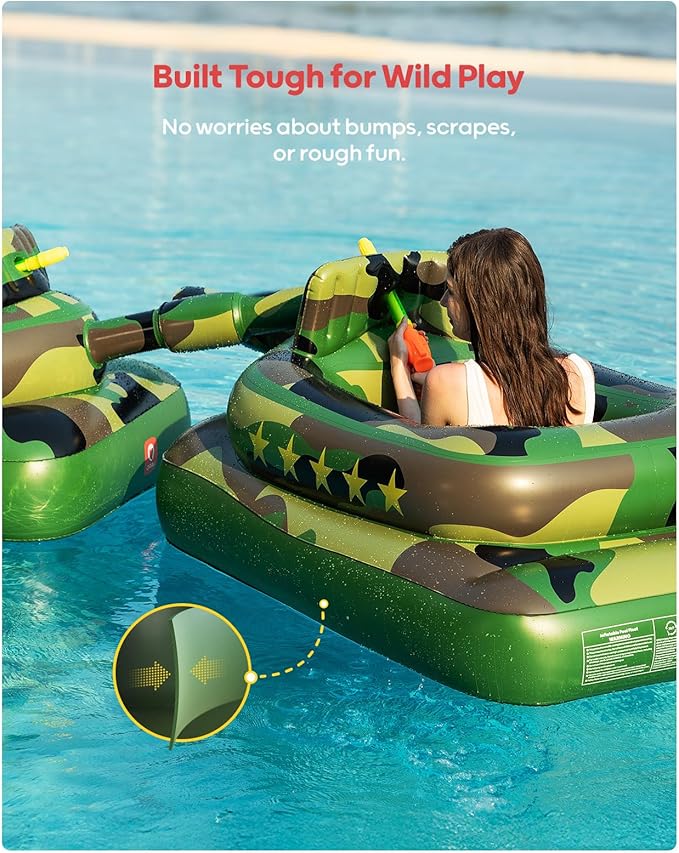 QPAU Inflatable Tank Pool Float for Adults & Kids – Ride-On Camouflage Floaty with Water Cannon, Swim Raft Toy for Boys Girls Ages 6+, Lake Beach Backyard Party Floaties