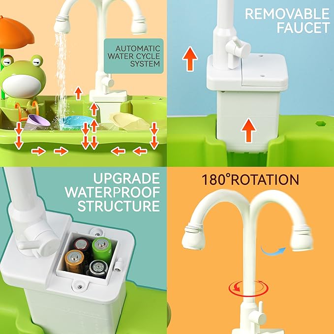 Play Sink with Running Water for Toddlers, Play Kitchen Sink Toy with Electric Faucet for Kids, Pretend Play Dishwasher Play Set with Floating Pool Toys and Fishing Game for Boys Girls