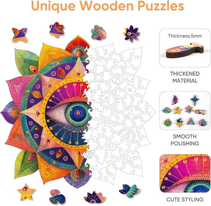 Mandala Wooden Puzzles for Adults, 200 Piece Unique Shaped Wood Evil Eye Jigsaw Puzzles for Adults and Kids, Fun Challenging Puzzles Family Game Gift, Medium 11.2'' x 10.8'