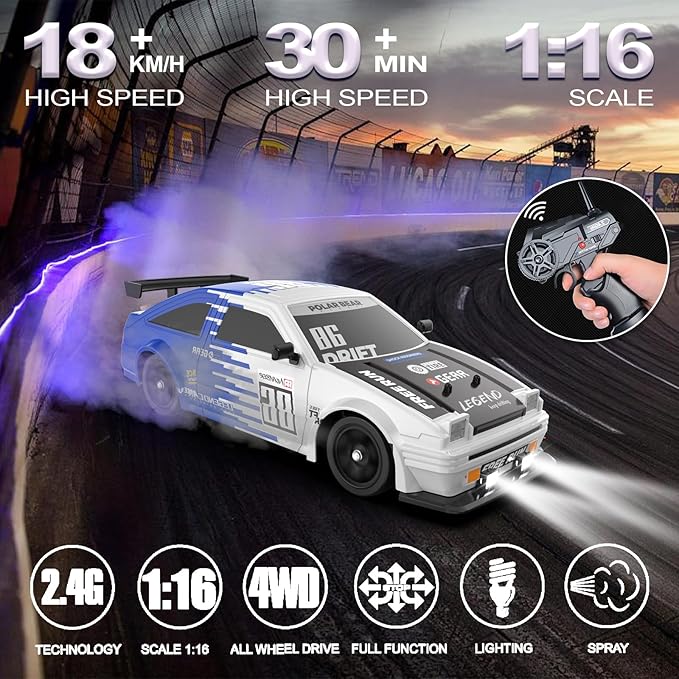 RC Drift Car Remote Control Car 2.4ghz 1/16 Scale 4WD High Speed RC Cars Vehicle with LED Lights Two Batteries and Drifting Tire Racing Sport Toy for Adults Boys Girls Kids Gift
