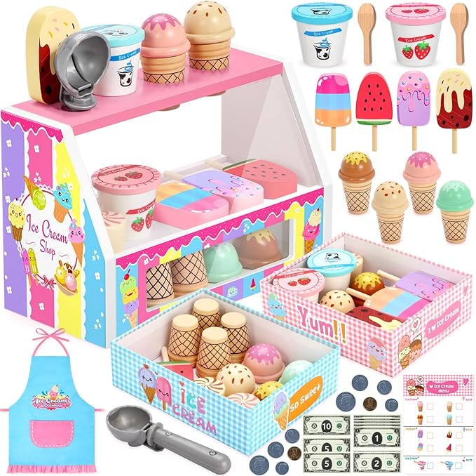 INNOCHEER Ice Cream Toy, Wooden Ice Cream Play Set, Pretend Play Kitchen Toys, Ice Cream Toys for Toddlers, Ice Cream Shop Playset Play Store, Gifts Toys for 3 4 5 6 7 8+ Year Old Girls Boys