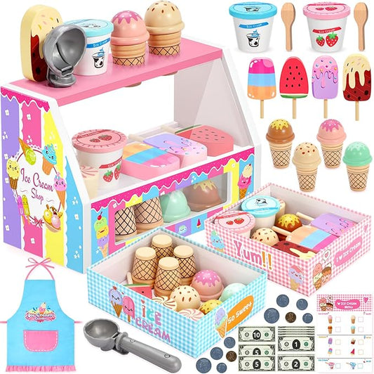 INNOCHEER Ice Cream Toy, Wooden Ice Cream Play Set, Pretend Play Kitchen Toys, Ice Cream Toys for Toddlers, Ice Cream Shop Playset Play Store, Gifts Toys for 3 4 5 6 7 8+ Year Old Girls Boys