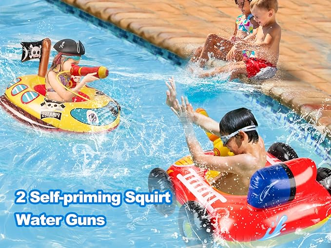 Big Summer Inflatable Fire Boat Pool Float for Kids with Built-in Squirt Gun, Inflatable Ride-on for Children Aged 3-7 Years