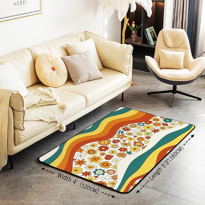 Erosebridal 70S Retro Flower Area Rug Kids Girls Cute Groovy Vintage Floral Rug 4x5 Rainbow Wavy Geometric Floral Hippie Colorful Abstract Boho Botanical Non Slip Carpet for Bedside