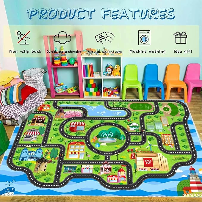 Car Rug,Kids Play Rug with Roads,Playroom Non Slip Car Track City Map for Bedroom Classroom - (78.7X59 Inches)