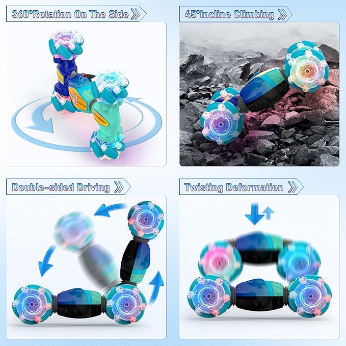 Remote Control Car, Gesture Sensor RC Stunt Cars Toys for Boys Girls Age 6 7 8 9 10 11 12+ Years Old, 2.4GHz 4WD 360° Flips Off Road RC Vehicle Toy with Lights/Music, Best Gifts for Kids, Blue