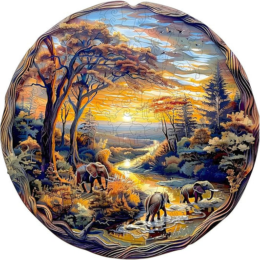 Wooden Puzzles for Adults, Wooden Jigsaw Puzzles for Adults Kids, Elephant at Sunset-2 Unique Shaped Wood Puzzles Adult, Creative Birthday Gifts for Friends Family Game (8.5 * 8.4in 100pcs)