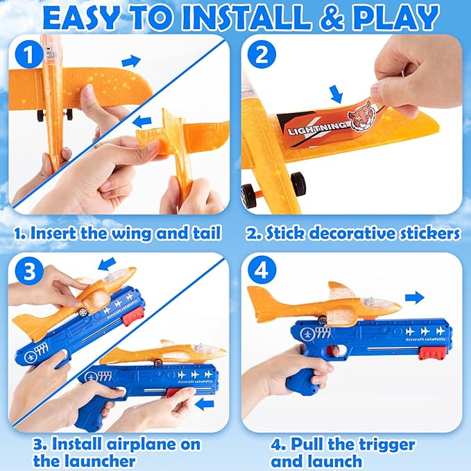 Bigdream 6 Pack LED Airplane Launcher Toys with 2 Launchers, 2 Flight Mode Glider Catapult Plane with Stickers, Flying Outdoor Toys for 3 4 5 6 7 8 9 10 11 12 Year Old Kids Boys Girls Birthday Gifts