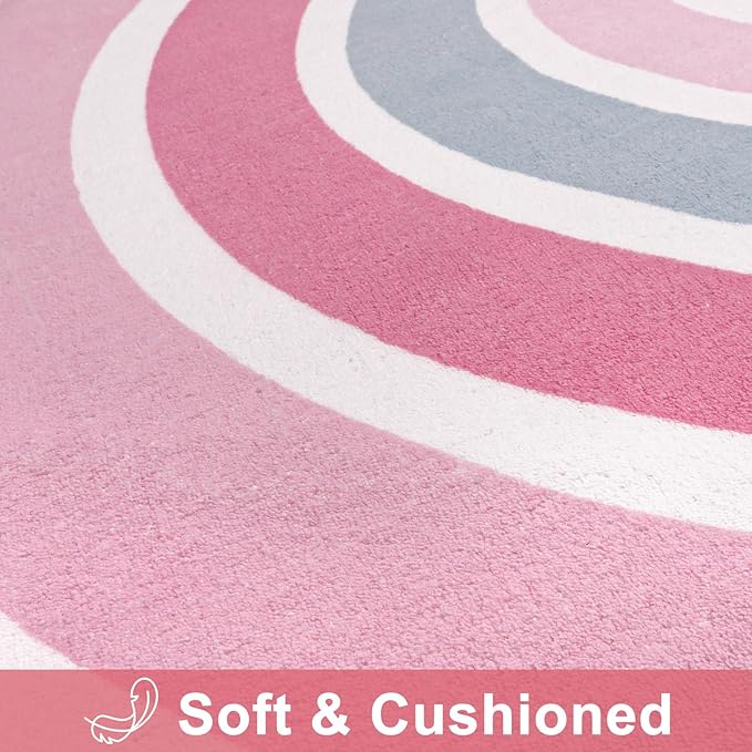 STARUIA Pink Round Rug for Girls, 5 Ft Rainbow Kids Rug for Nursery, Colorful Washable Rug for Bedroom, Non-Slip Circle Time Rugs Soft Polka Carpet for Kids Room Princess Castle
