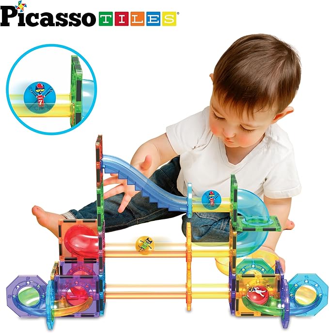 PicassoTiles Magnet Marble Run Tiles Pete The Cat Themed Character Marbles for Magnetic Building Block Construction Tile Maze Structures STEM Learning Pretend Play Fun Toys Girls Boys Ages 3+ PTG02