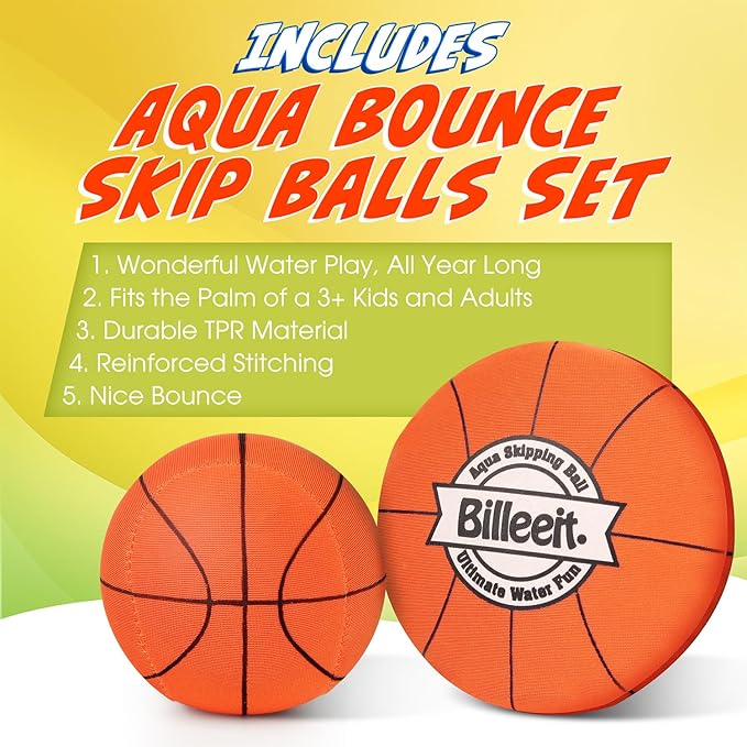 4Pcs Water Skipping Balls for Pool Play(Basketball Theme), Water Pool Beach Swim Toys for Kids Ages 4-8, 8-12 and Adults, Include 2 Balls and 2 Discs