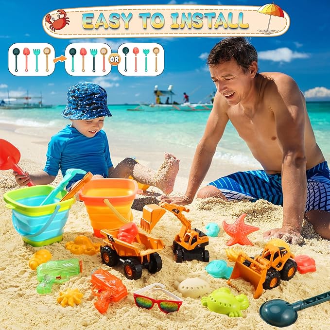 Beach Toys for Kids, Sand Toys with 2 Collapsible Beach Bucket,3 Dump Truck,2 Sunglasses,Ocean Molds,Sandbox Shovel,2 Mesh Bag Sand Castle Building Kit Travel Beach Essentials for Toddler 3-10