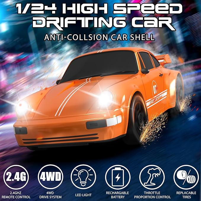 Remote Control Car, 1/24 Scale RC Drift Car, 4WD 15KM/H High Speed RC Cars, Racing Sport Toy Car with LED Lights, Racing Tire, Birthday for Kids Boys Girls, Rechargeable Battery
