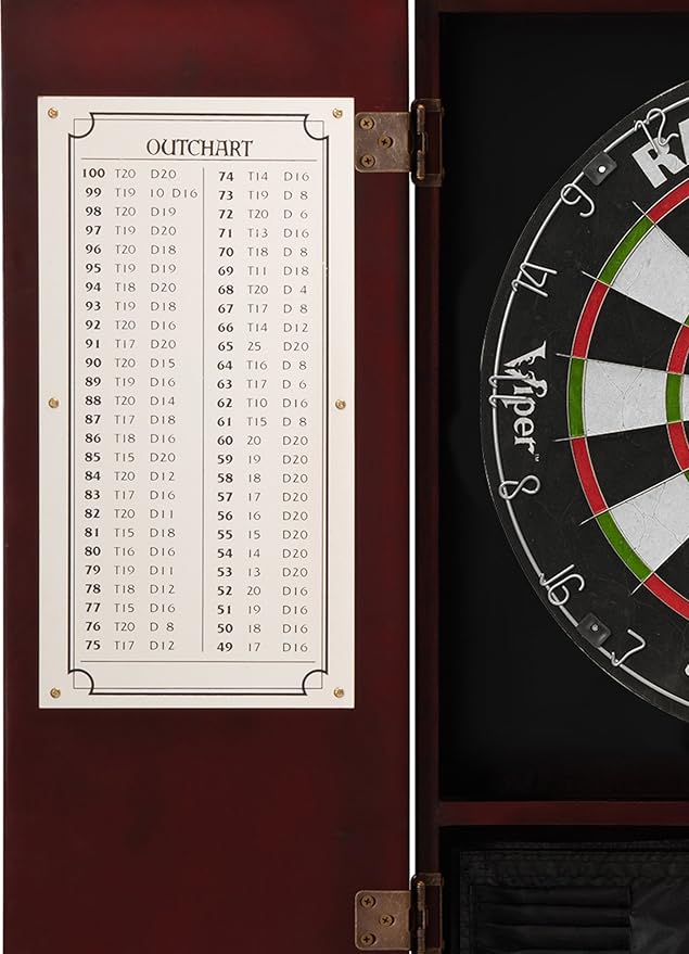 Viper Metropolitan Solid Wood Cabinet & Sisal/Bristle Dartboard Play-Ready Bundle: Elite Set (Razorback Dartboard, Darts and Laser Throw Line), Mahogany Finish