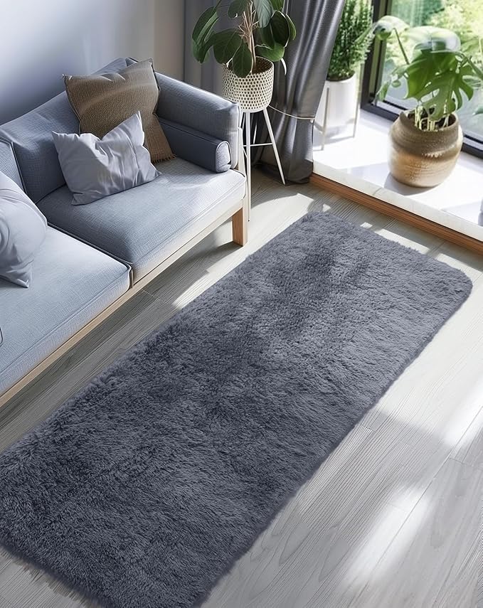 Ophanie Runner Rug for Hallway, 2x6 Bedroom Grey Bedside Rugs, Non Slip Fluffy Soft Shaggy Carpet for Kids Girls Boys Home Decor Aesthetic, Dorm Nursery Gray