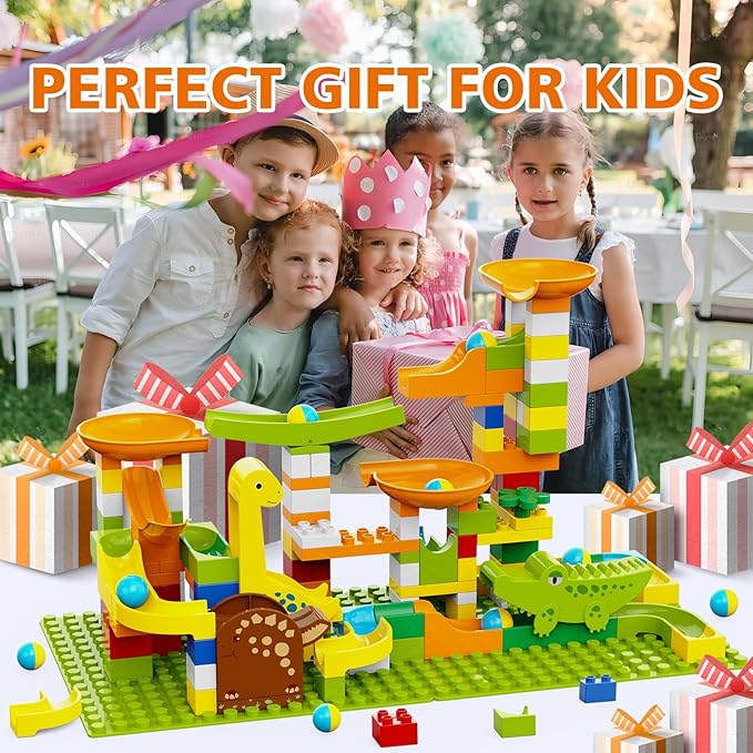 Dinosaur Marble Runs for Kids 4-8 Building Blocks Compatible with LEGO DUPLOS for Age 2-5/138Pcs Classic Big Blocks Marble Run for kids Ages 3-5 STEM Toy/Montessori Toys Gift for Kids Age 3,4,5,6,7,8+