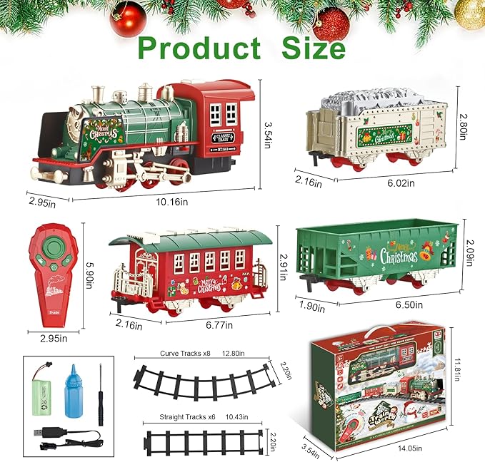 JUQU Christmas Train Set with Remote Control, Smoke, Whistle & Lights, Perfect for Around the Tree, Boys' Toy Train Set, Ages 3-8