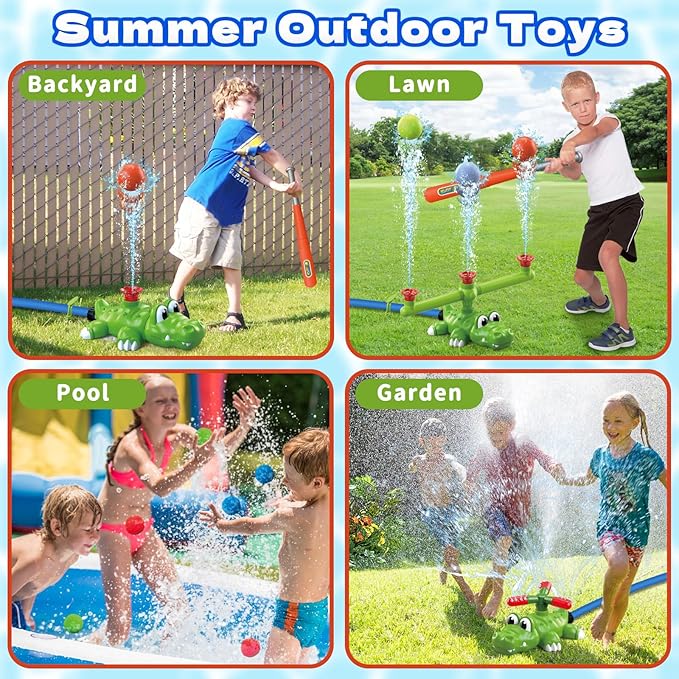 4-in-1 Kids Water Sprinklers T Ball Set & Water Ball Toy, Crocodile Baseball Sprinkler for Backyard Outdoor Summer Toys for Boys Girls Outside Yard Water Game Toys for Kids Toddlers Ages 3-8