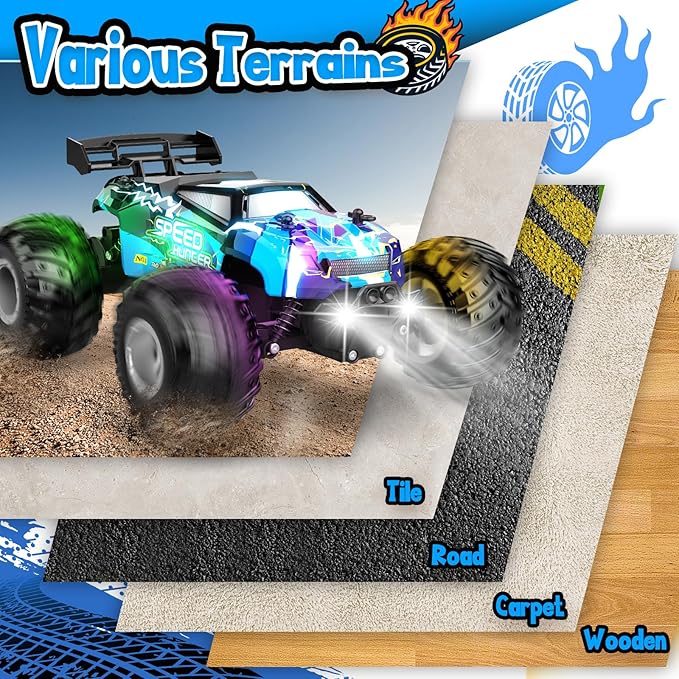 Remote Control Car, All Terrain Remote Control Truck for Boy, 2.4GHz Rc Car with Bodylight and Two Rechargeable Batteries, 20KM/H Monster Truck Toys