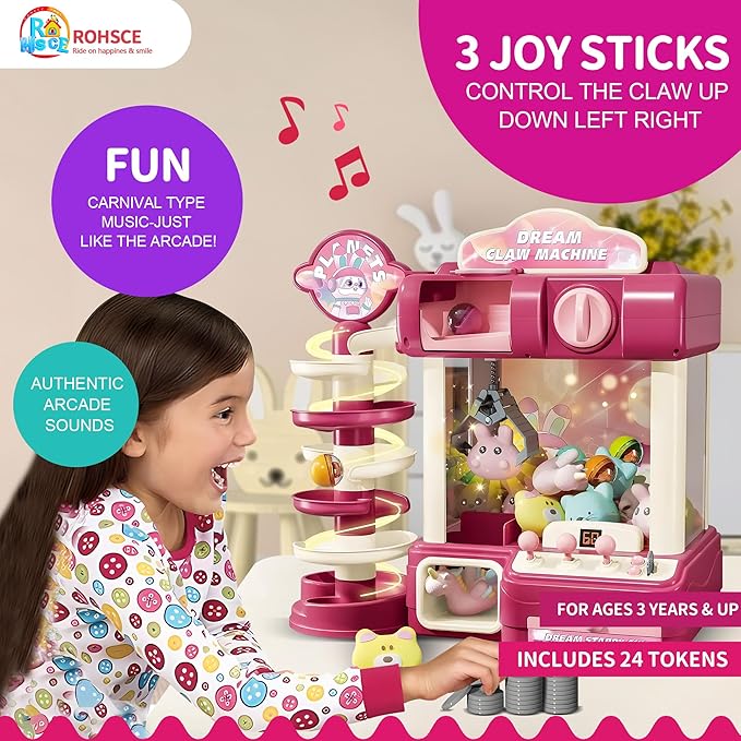 Large Claw Machine for Kids – Pink Dream Vending Machine Toy with Capsule Slide, Plush Toys, Lights & Music, Girls Claw Game Machine with USB & Coins, Birthday Gift for 6 7 9 10 12 Years Old