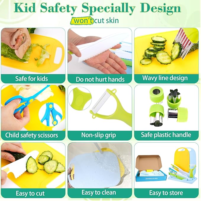 FCSONU 24 Pcs Montessori Kitchen Toys for Toddlers, Kids Kitchen Knife Set with Holder, Kids Cooking Sets Real with Knife Block & Plastic Kid Safe Knives Set & Cutting Board, Boy Girls Birthday Gifts