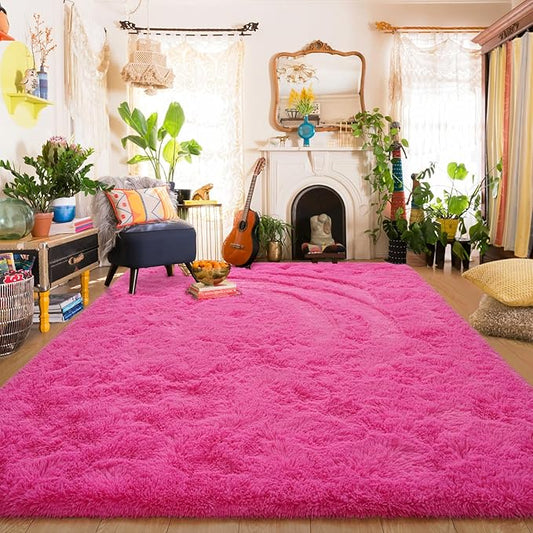 Amearea Shag Fluffy Area Rug for Bedroom Girls Living Room, Extra Soft and Fuzzy Shaggy Rugs, Non Slip, Solid Color Carpet Mat for Boys Nursery Home, Hot Pink 6x9 Feet