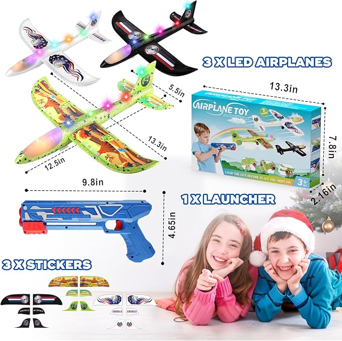3 Pack Airplane Launcher Toys, 12.6" Foam 2 Flight Mode Led Plane Catapult Boy Toys, Easter Gifts for Kids, Outdoor Flying Toys for Kids Gifts for 4 5 6 7 8 9 10 12 Year Old Boys Girls
