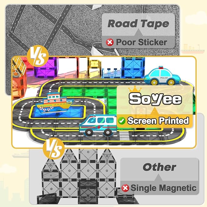 Magnetic Tiles Road Cars Toys Magnetic Building Blocks Boys Toys Road & Train Track Expansion Pack Magnetic Building Blocks Construction Toys Kids Toys for Ages 3-12 Boys Girls Building Toy