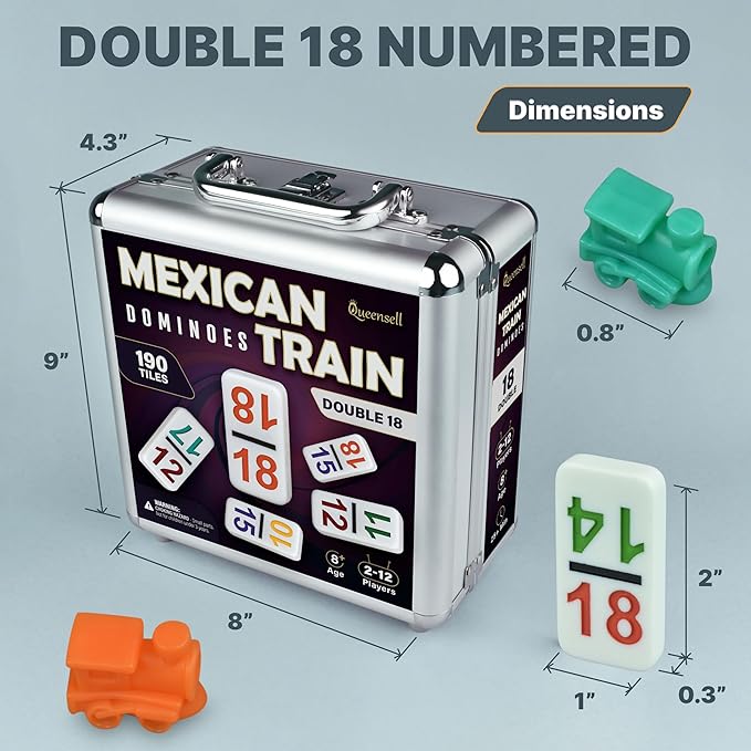 Queensell Mexican Train Dominoes Set with Numbers - Double 18 Dominos Set for Adults and Kids - Mexican Dominoes Train Game Night Games for Adults with Wooden Hub and Aluminum Case