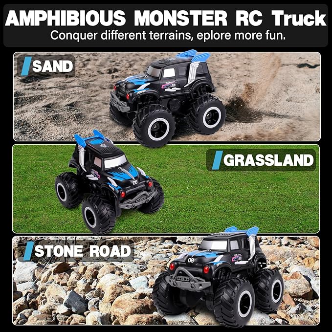 Amphibious Remote Control Cars, 1/20 Stunt RC Rock Crawler Monster Truck Toy with Two Alternative Rechargeable Batteries, All-Terrain 4WD Off-Road Vehicle Toys Gift for Boys Kids Age 8-12 Blue