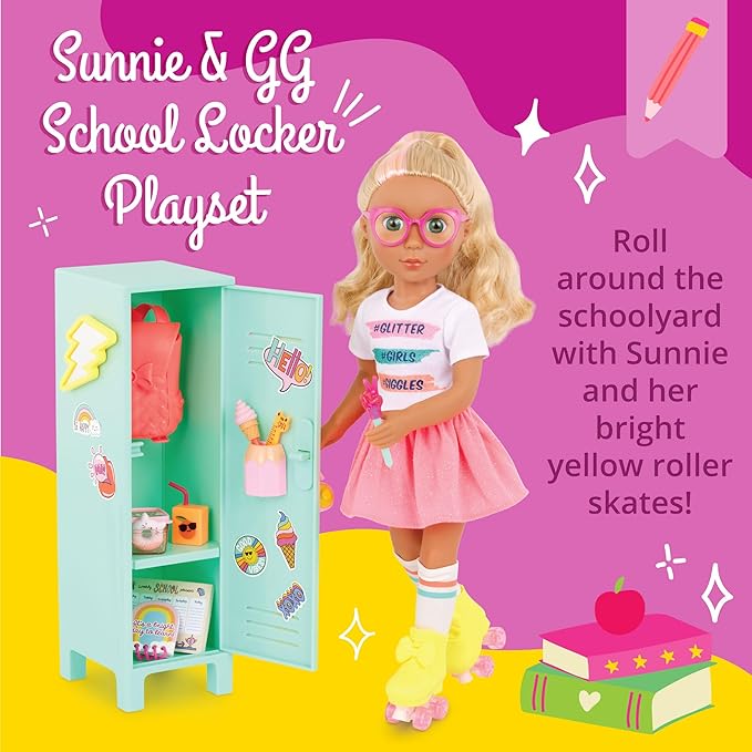 Glitter Girls – 14-Inch Poseable Doll Set – Blonde Hair & Green Eyes – School Locker, Roller Skates & Accessories – Toys for Kids 3 Years+ – Sunnie & GG School Locker Playset